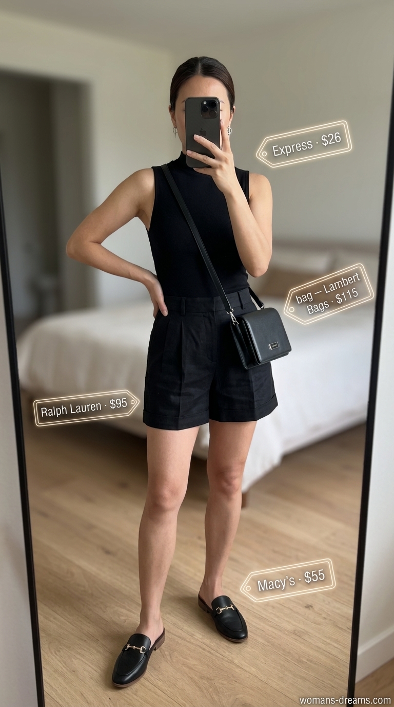 Cool hot weather summer outfits for women 2026: Black linen shorts, cream knit top, black mules for city strolls.
