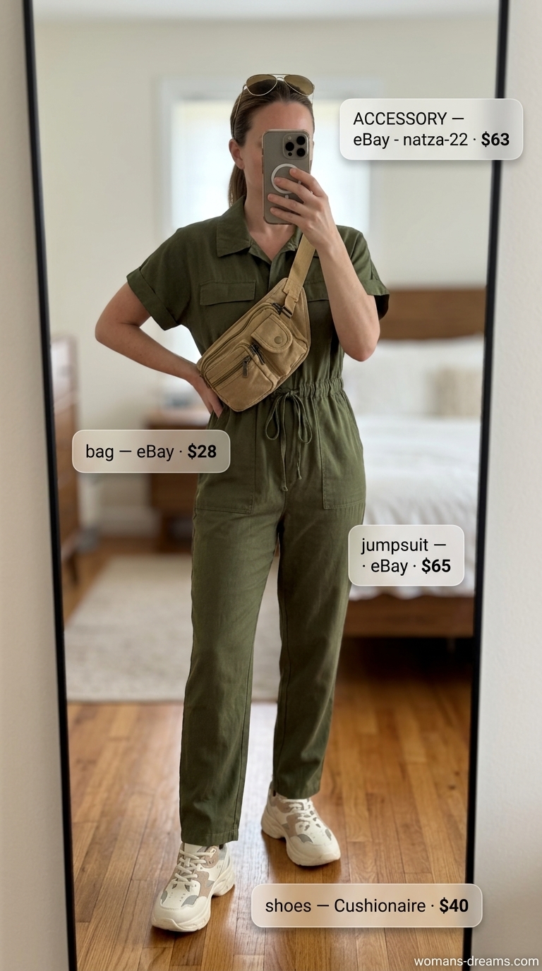 Weekend Wanderlust: Olive utility jumpsuit, canvas belt bag, aviators. Cool hot weather summer outfits for women 2026.