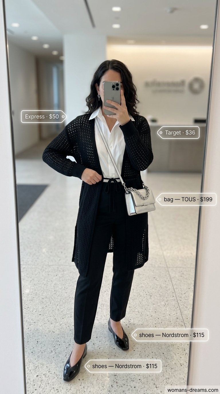 Cool summer office outfits for women 2026: Black Bermuda shorts, white shirt, and sleeveless vest.