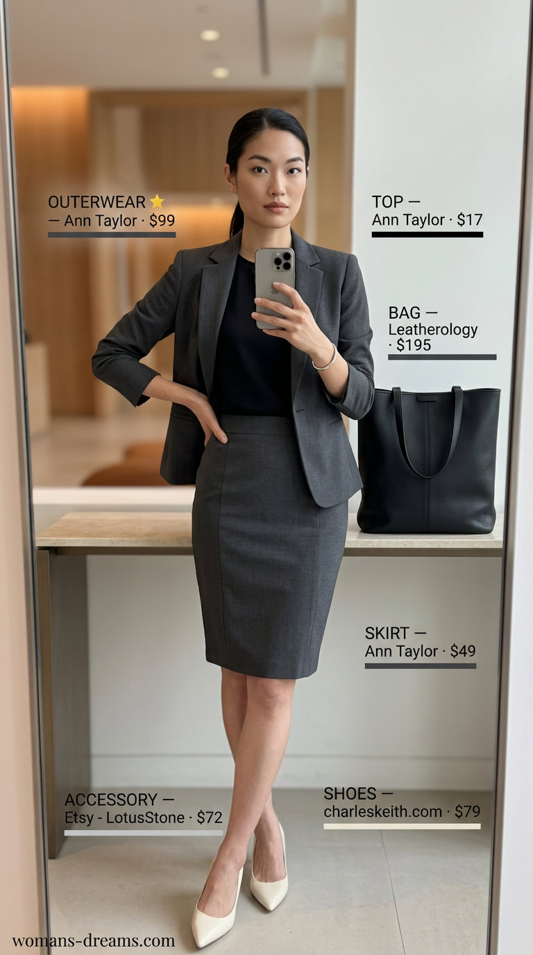 Cool summer office outfits for women 2026: Charcoal skirt, black top, white heels, black blazer for minimalist elegance.