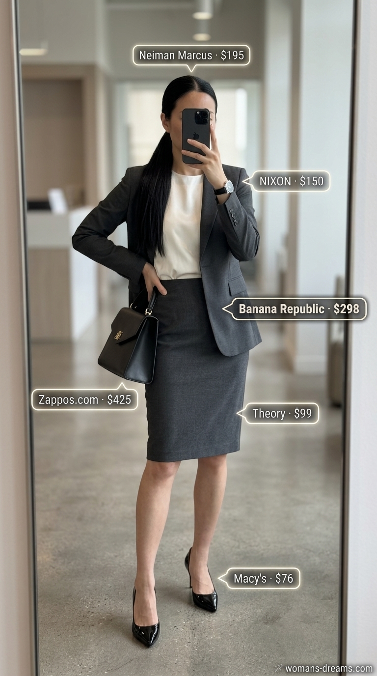 Cool summer office outfits for women 2026: Charcoal grey skirt suit with ivory silk top and black pumps.