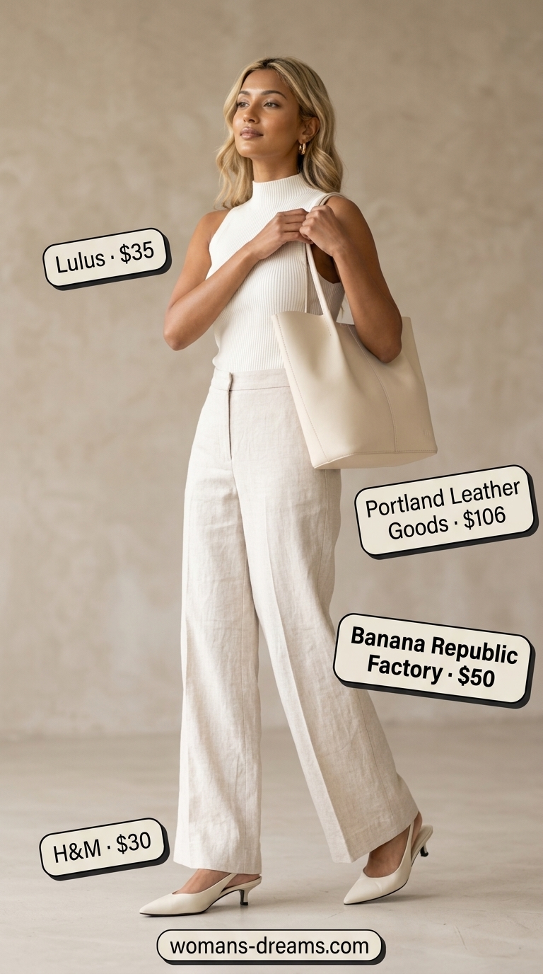 Cool summer office outfits for women 2026: Cream wide-leg pants, ivory top, beige heels for a chic, minimalist look.