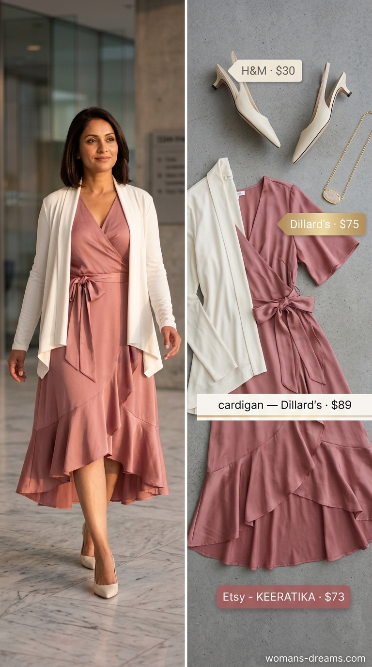 Cool summer office outfits for women 2026: Dusty rose midi wrap dress, cream cardigan, tan bag, and nude heels.