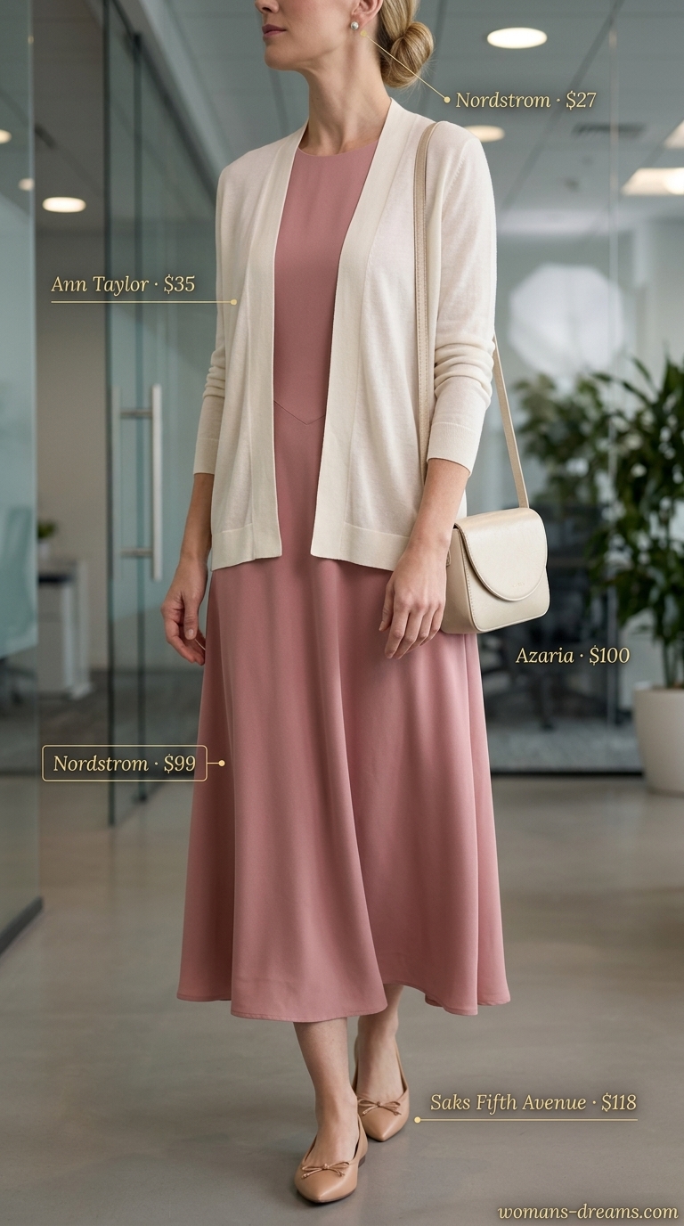 Cool summer office outfits for women 2026: Dusty rose midi dress, cream cardigan, and nude ballet flats.