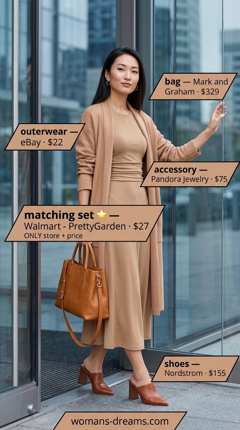 Cool summer office outfits for women 2026: Ivory knit set, camel cardigan, camel mules for chic comfort.