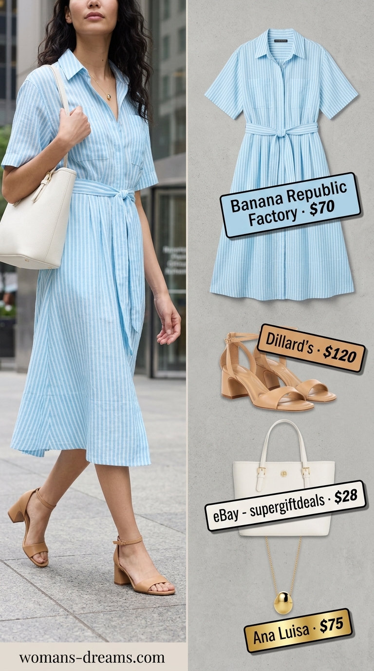 Cool summer office outfits for women 2026: Light blue shirt dress, tan sandals, white tote for a classic polished look.