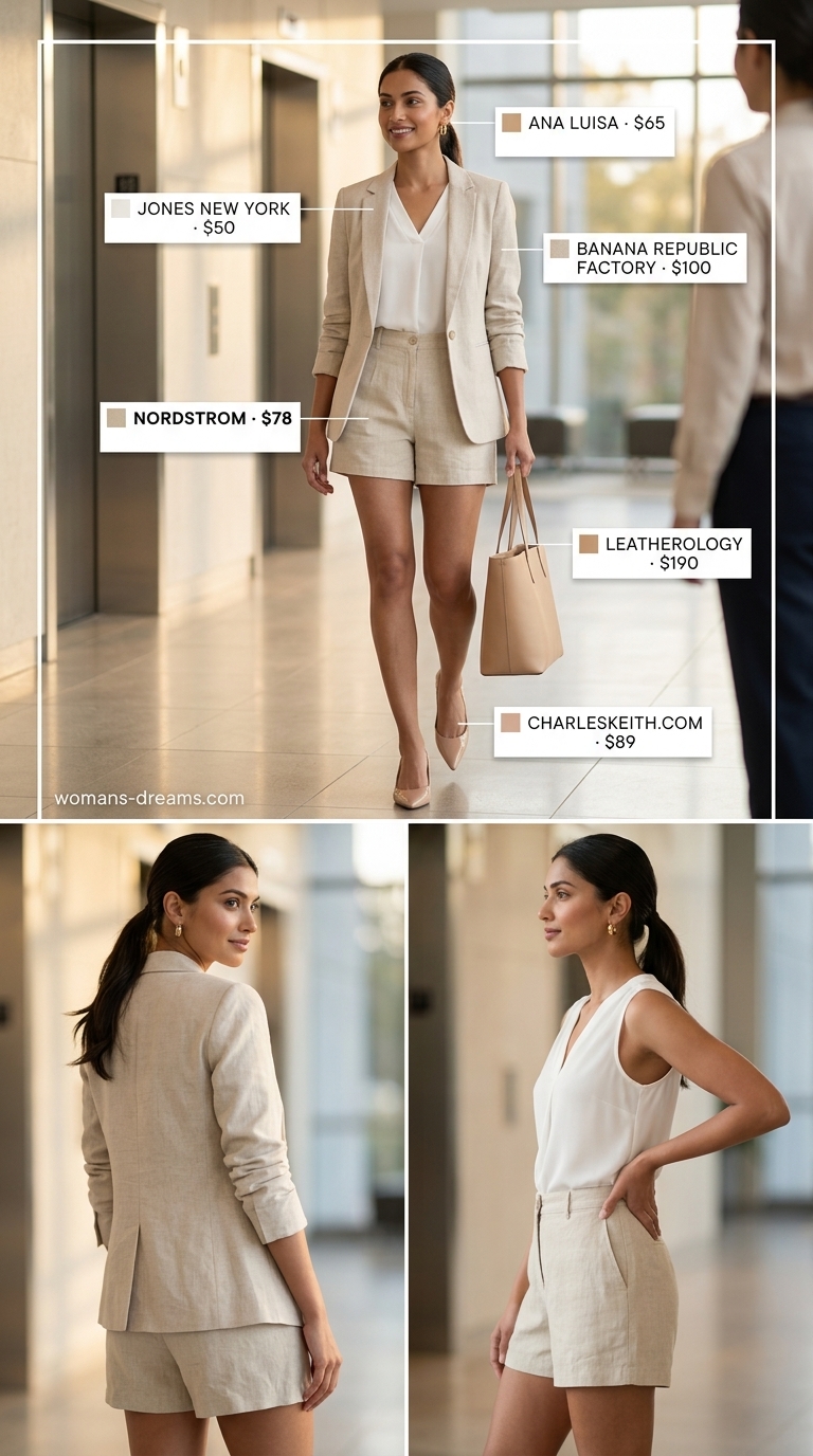 Cool summer office outfits for women 2026: Beige linen shorts, white blouse, and open-front blazer.