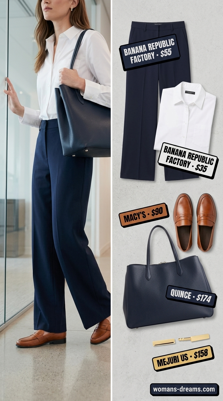 Cool summer office outfits for women 2026: Navy wide-leg pants, white shirt, tan loafers for a sophisticated work look.