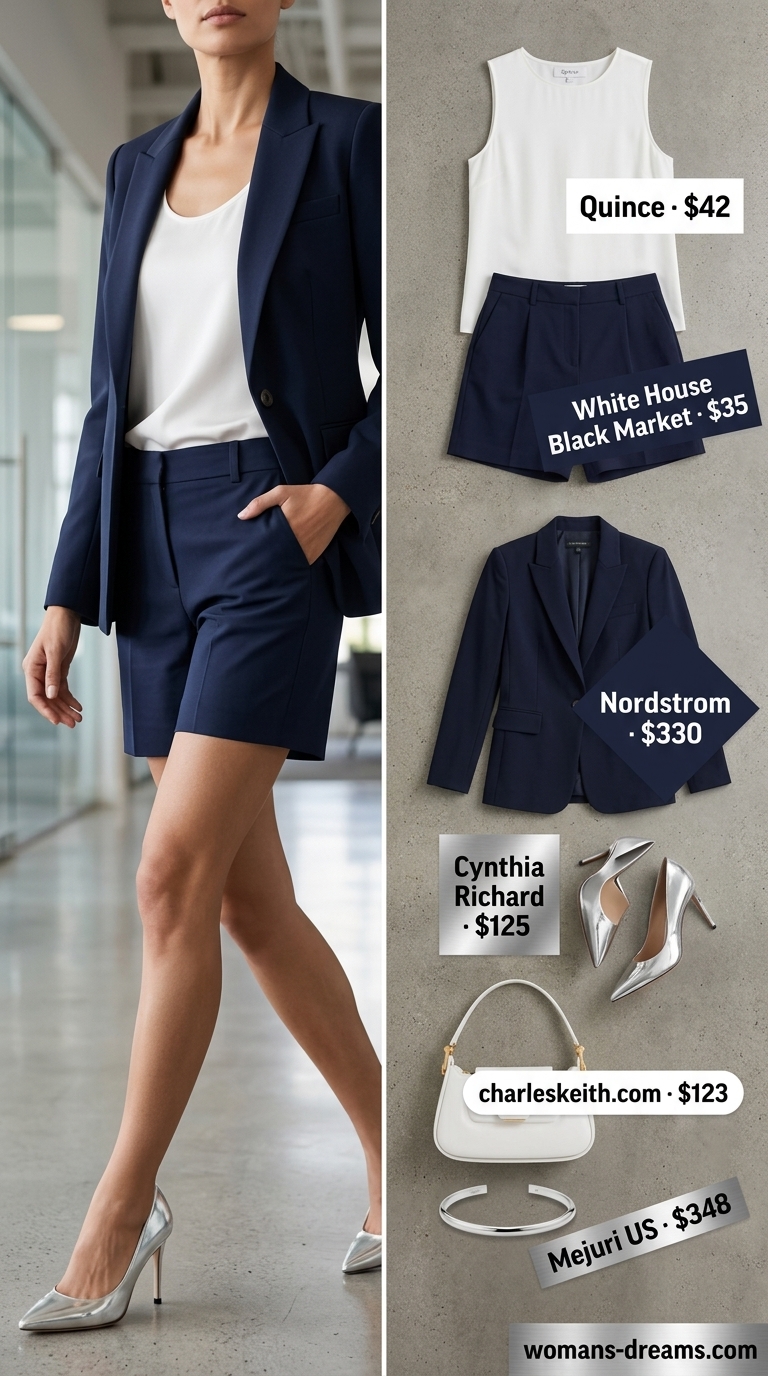 Cool summer office outfits for women 2026: Navy shorts suit, white silk top, silver heels for a modern power look.