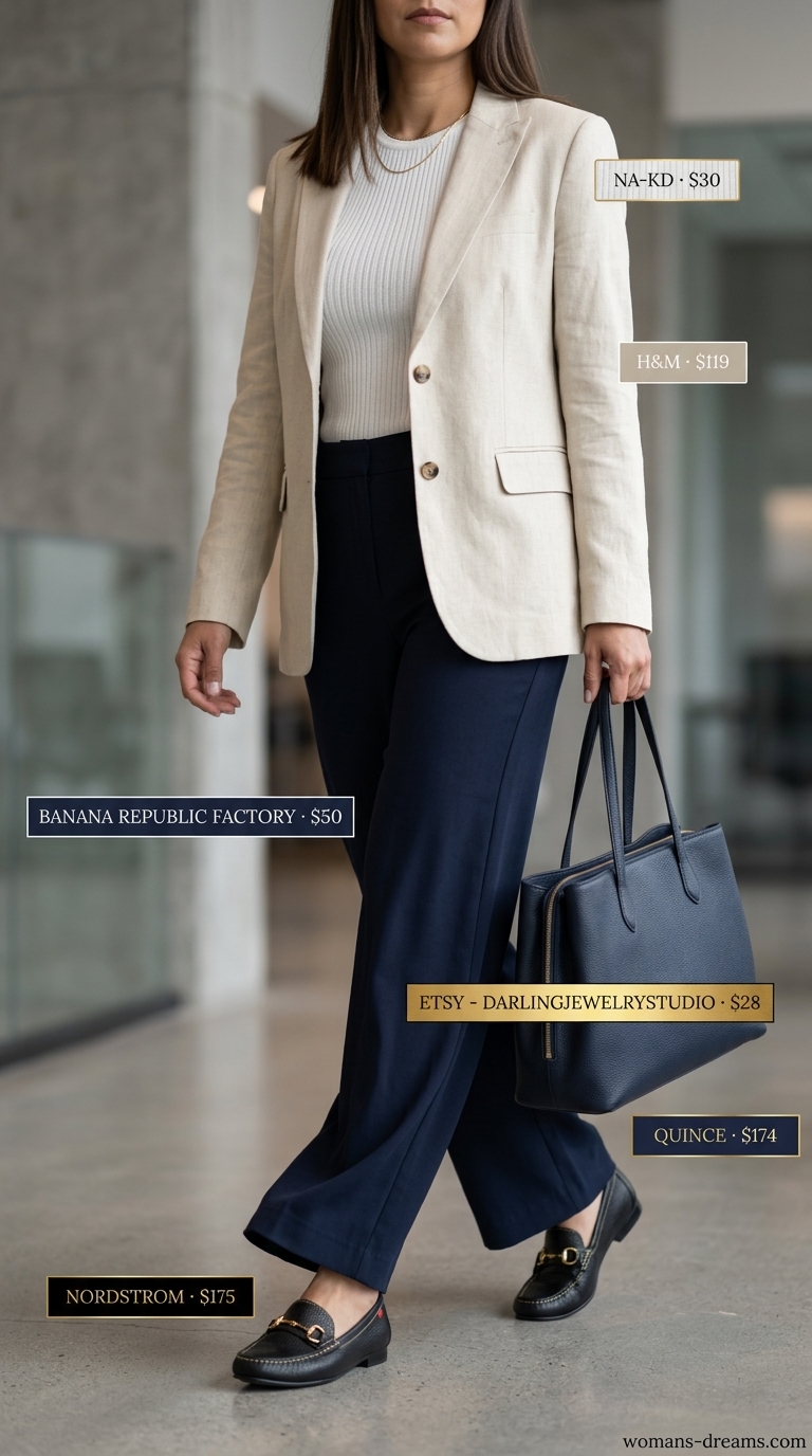 Cool summer office outfits for women 2026: Navy wide-leg trousers, white knit top, beige blazer for professional chic.