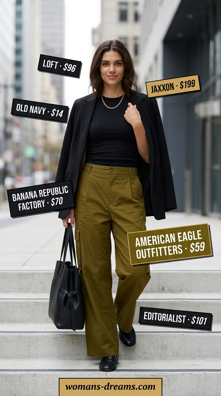 Cool summer office outfits for women 2026: Olive cargo pants, black top, black blazer, loafers for modern utility.
