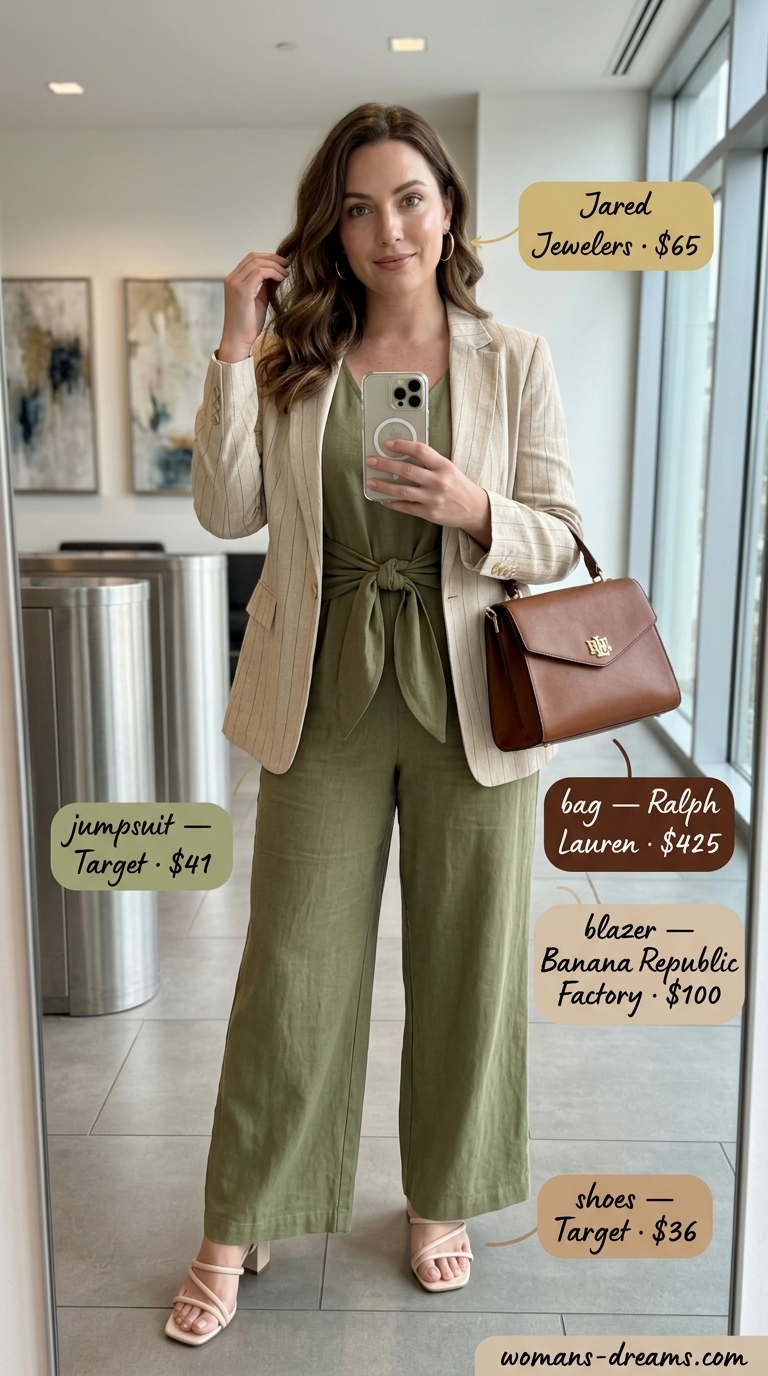Cool summer office outfits for women 2026: Olive green wide-leg jumpsuit, beige blazer, and tan sandals.