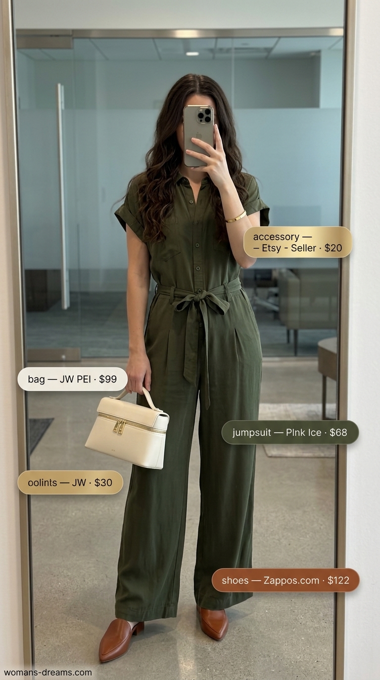 Cool summer office outfits for women 2026: Olive green linen jumpsuit, white top-handle bag, and tan mules.