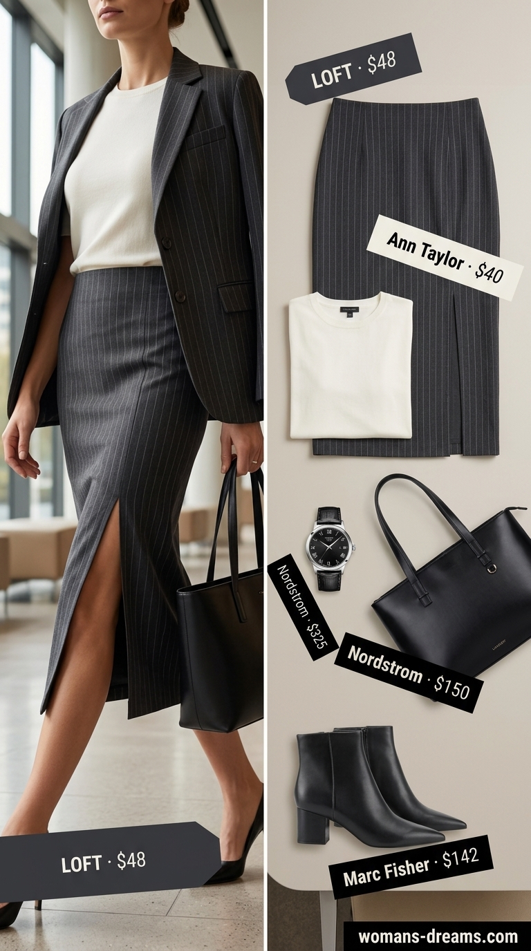 Cool summer office outfits for women 2026: Grey pinstripe skirt, ivory knit top, and black ankle boots.