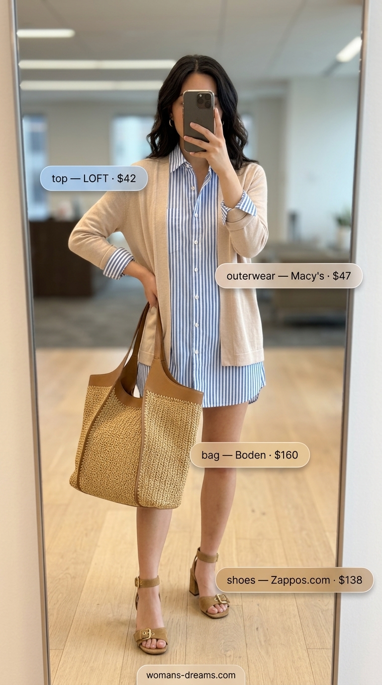 Cool summer office outfits for women 2026: Light blue striped shirt, white A-line skirt, and beige cardigan.