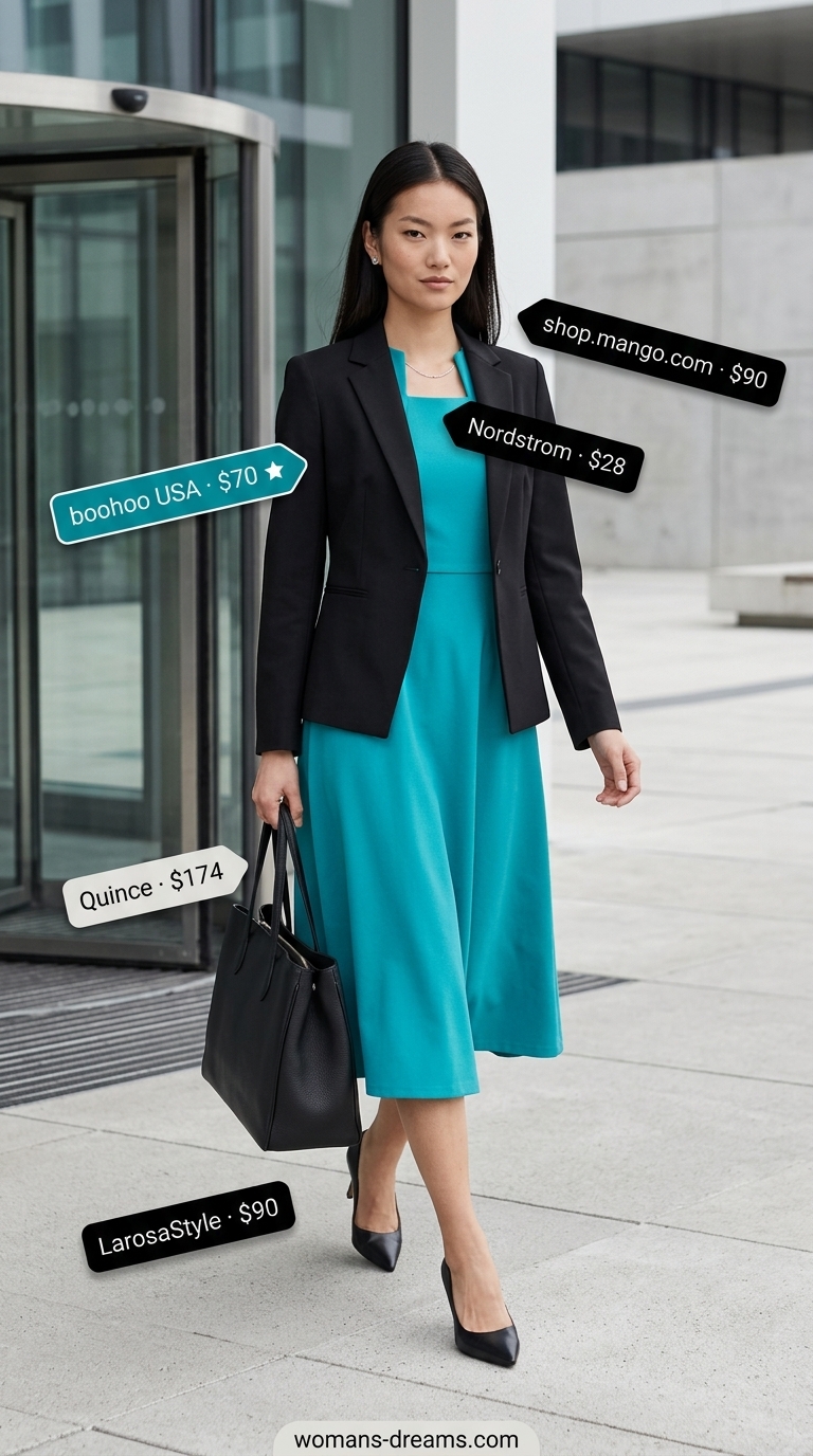 Cool summer office outfits for women 2026: Teal sheath dress, black blazer, and silver accents.