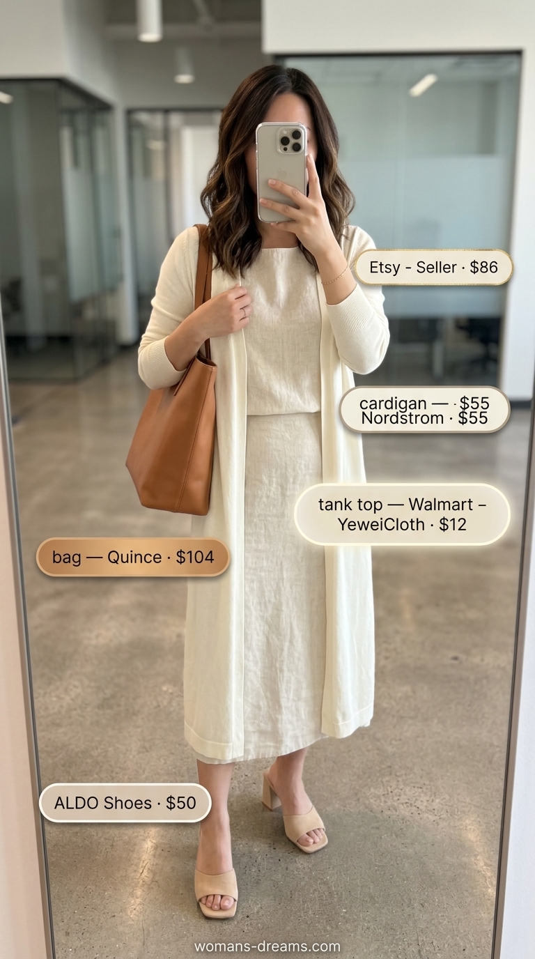 Cool summer office outfits for women 2026: Warm beige linen shell top and wide-leg pants set.