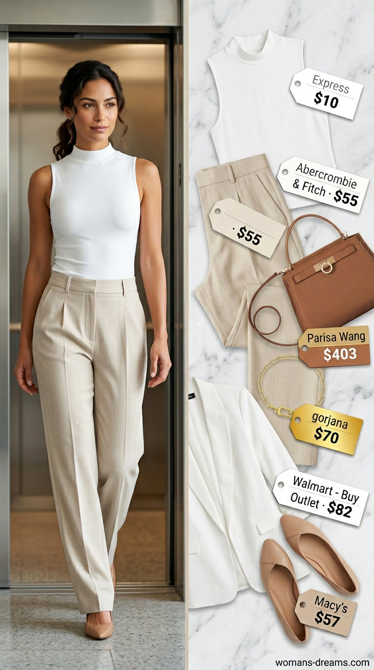 Cool summer office outfits for women 2026: Beige tailored pants, white mock neck top, and linen blazer.