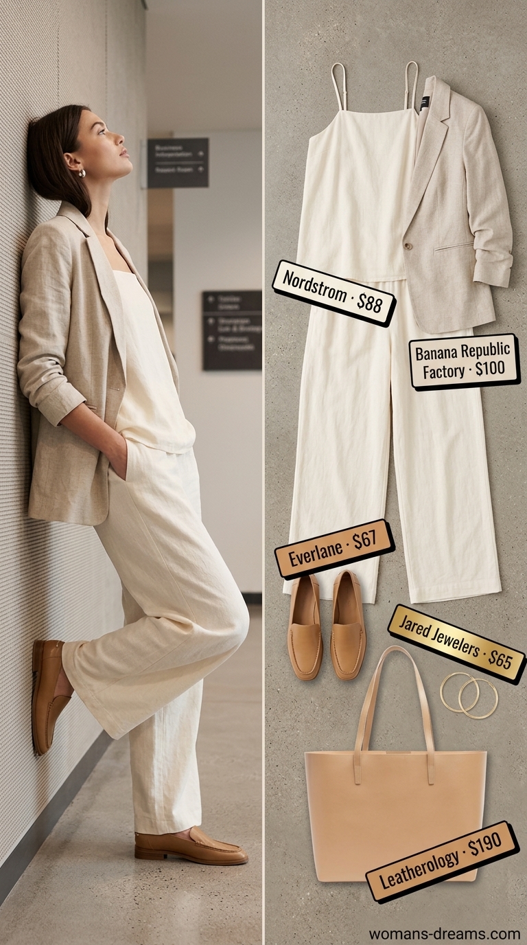 Cool summer office outfits for women 2026: Cream linen cropped pants and sleeveless top co-ord.