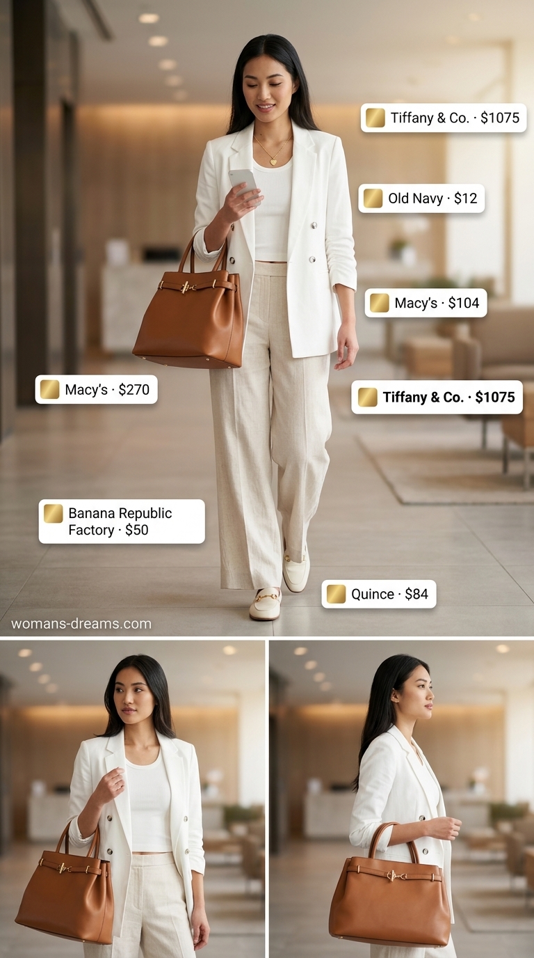 Cool summer office outfits for women 2026: Cream linen wide-leg trousers, white knit tank, and linen blazer.