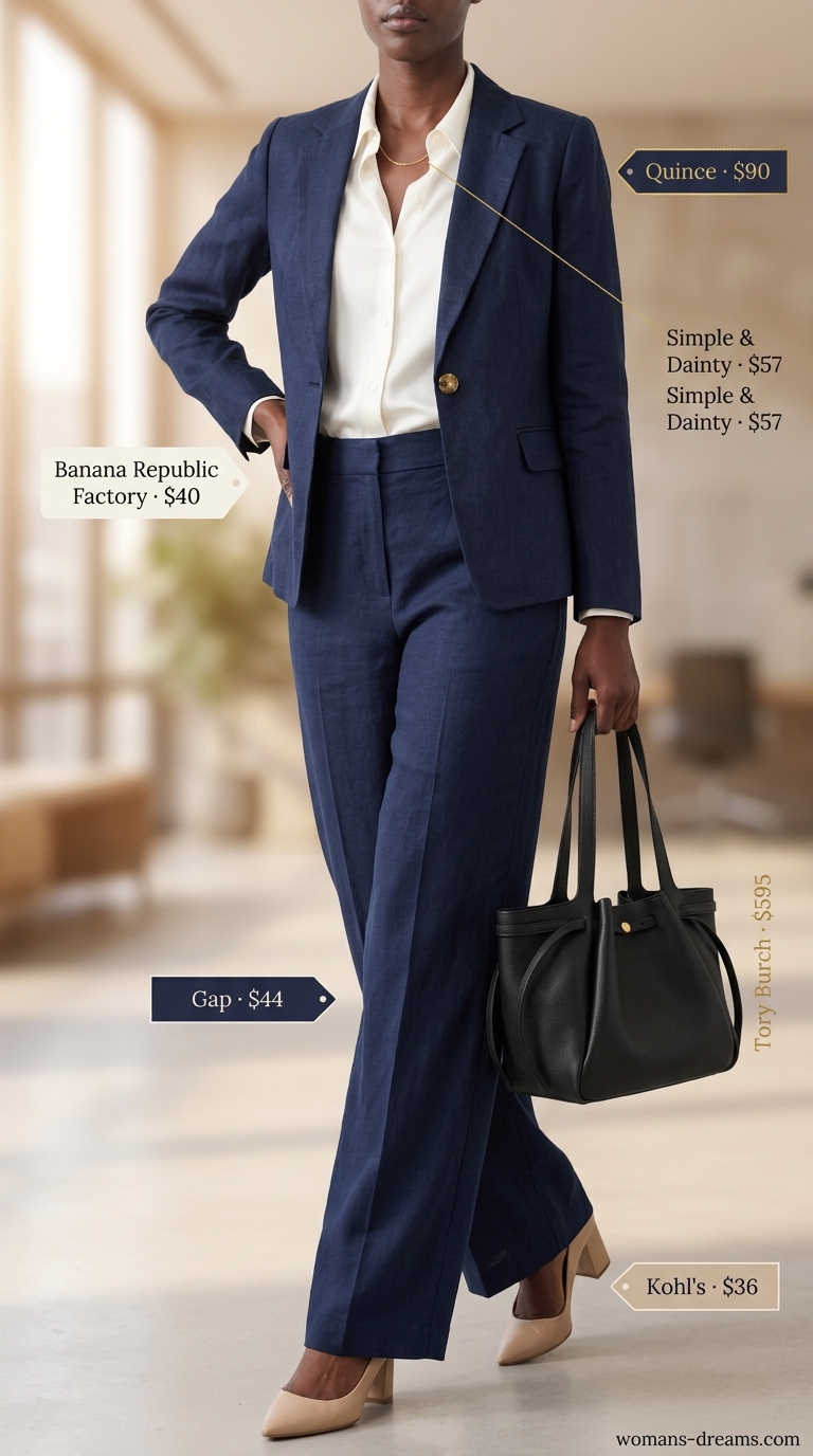 Cool summer office outfits for women 2026: Navy wide-leg trousers, ivory silk shirt, and navy blazer.