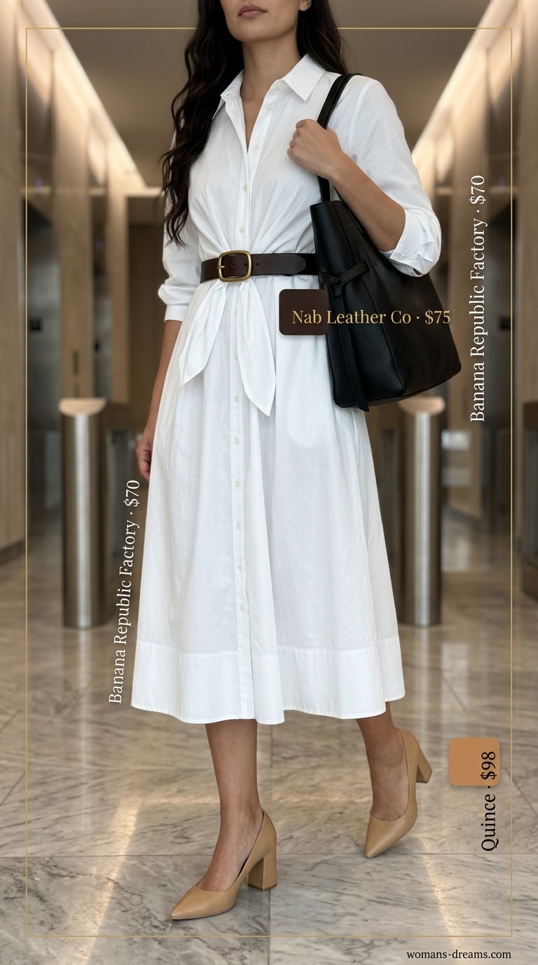 Cool summer office outfits for women 2026: White cotton poplin shirt dress with tan belt and heels.