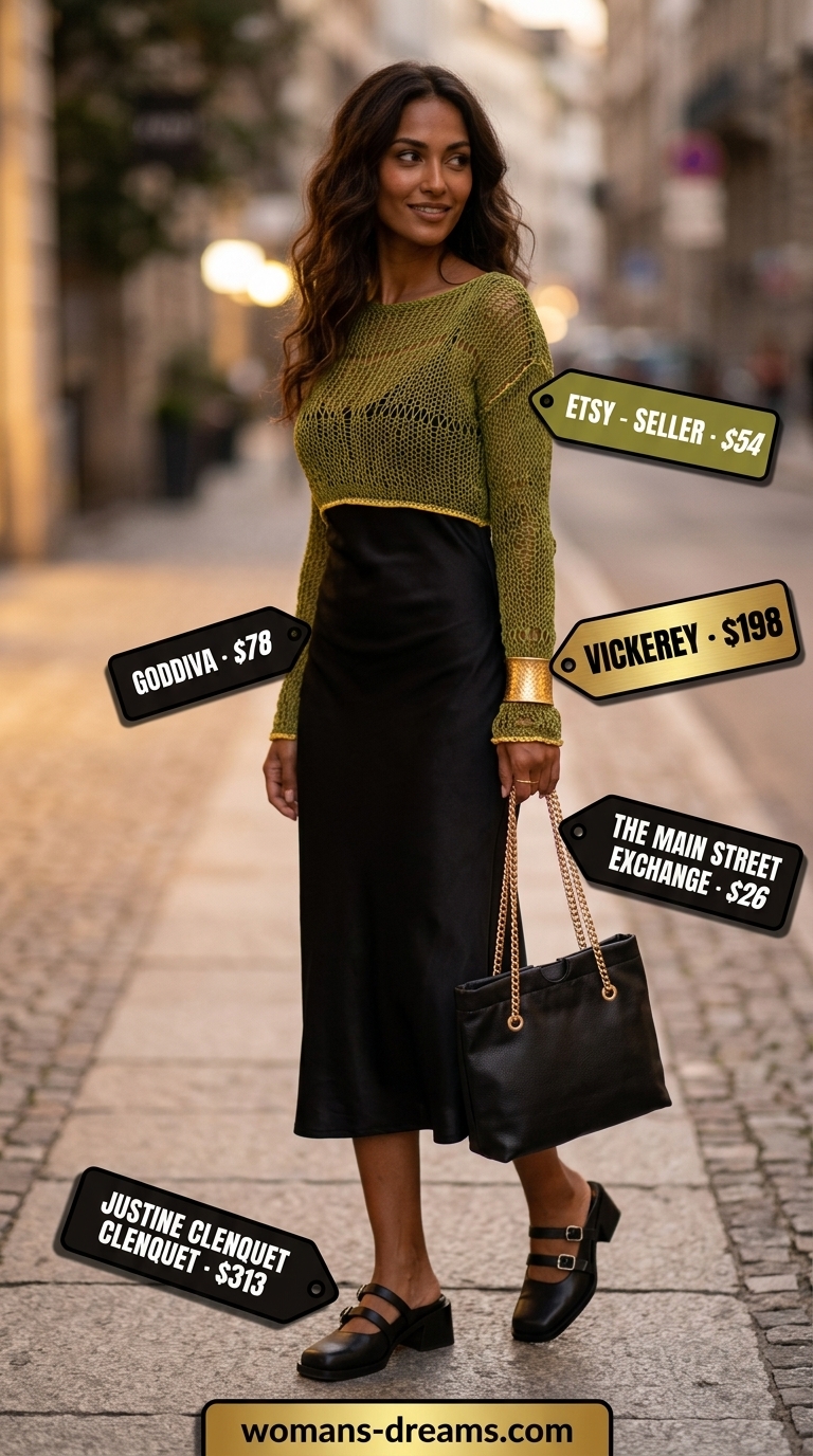 Artisan evening market outfit with olive green crochet top and satin slip dress. Crochet summer crop top outfits 2026.