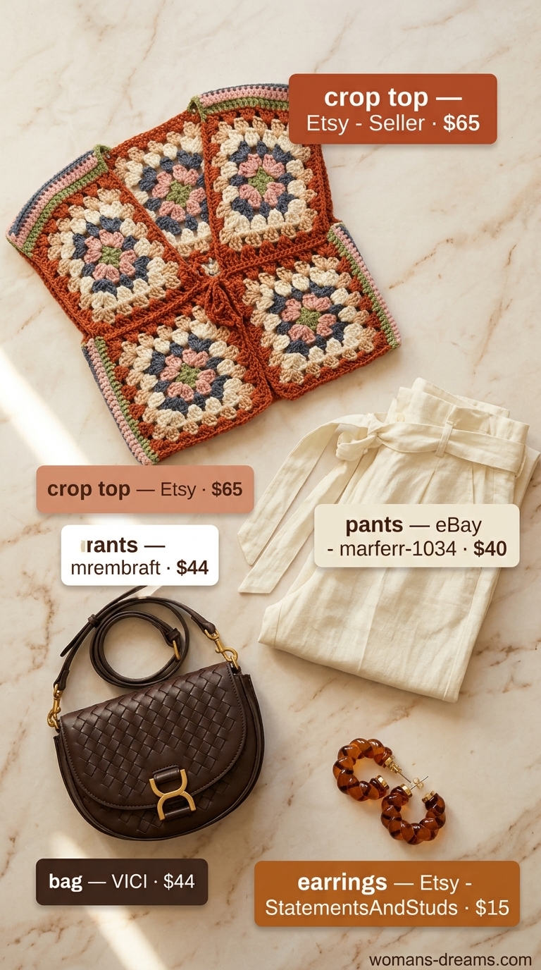 Terracotta crochet summer crop top outfits 2026 with linen pants for an artsy brunch.
