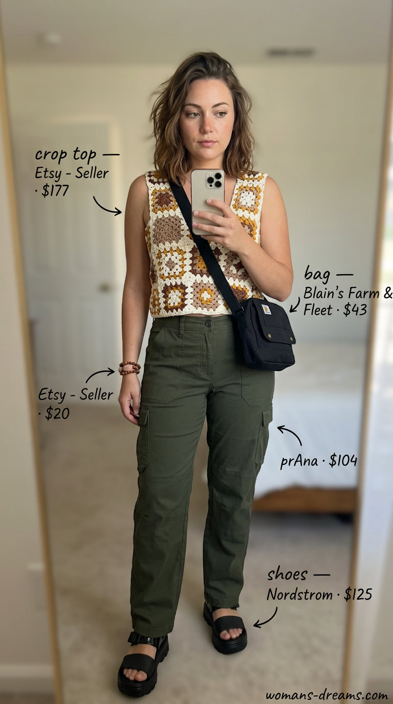 Artsy olive green cargo pants with a colorful crochet crop top for an adventurous explorer look 2026.