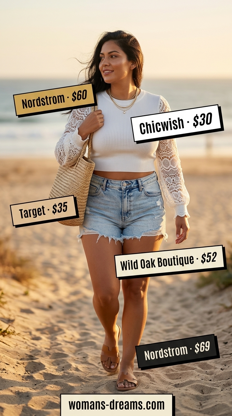 White crochet summer crop top outfits 2026 with denim shorts for a bohemian beach day.