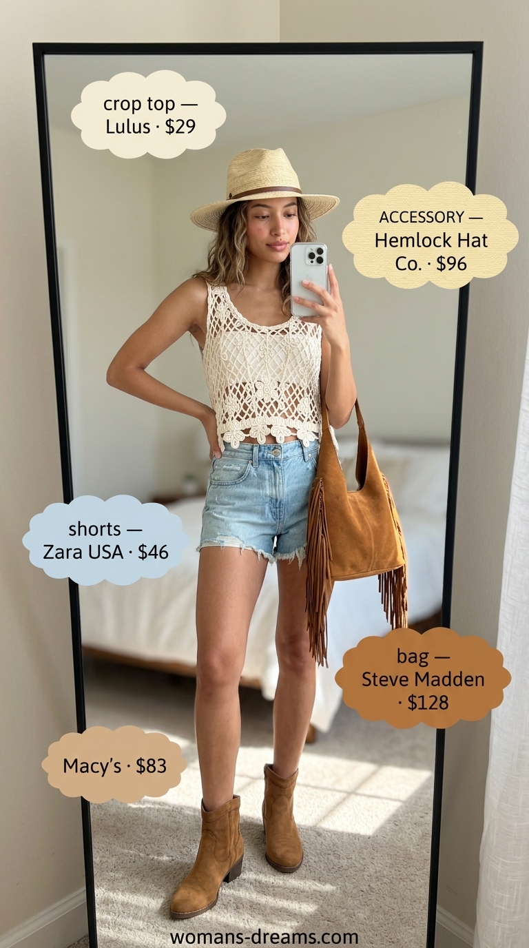 Bohemian cream crochet crop top with distressed denim shorts for a festival dream outfit 2026.