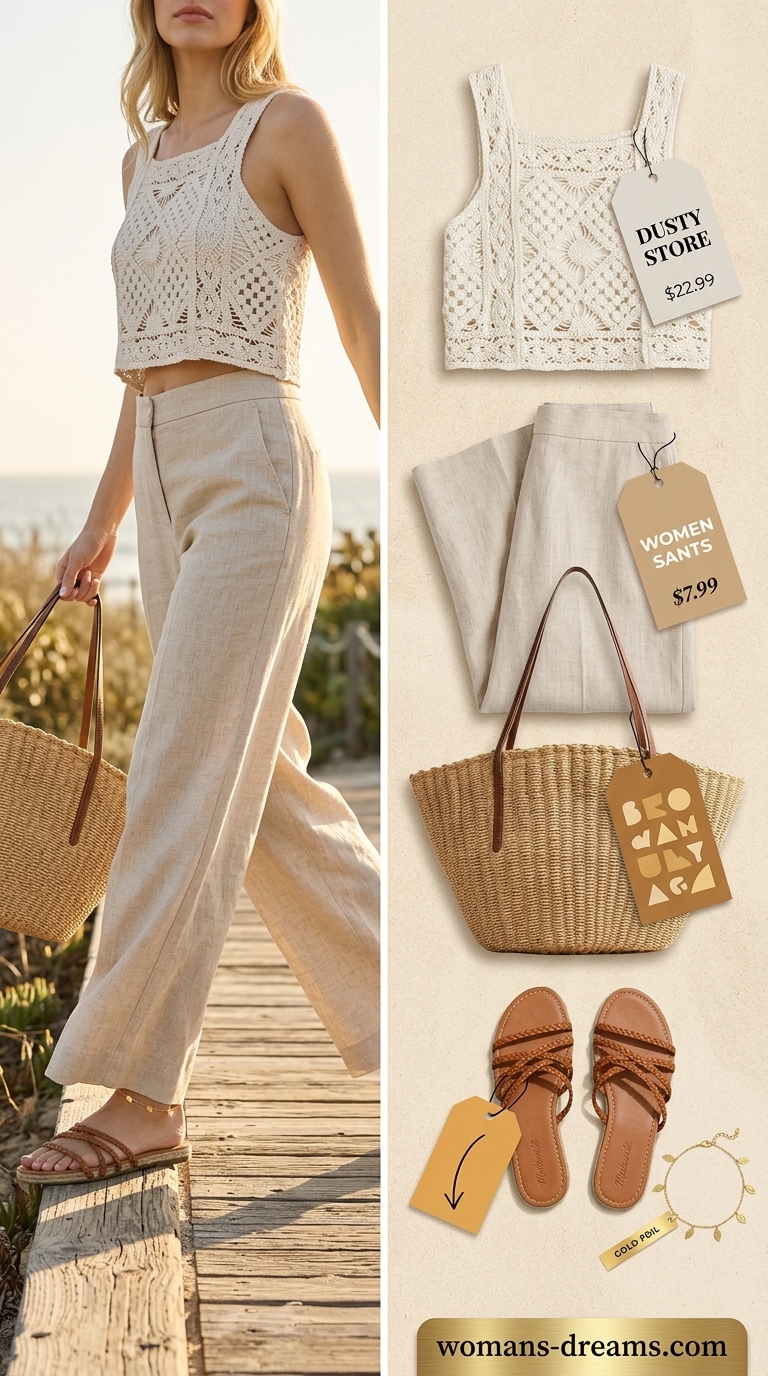 Boho beach day outfit with ivory crochet crop top, linen pants, and straw tote. Crochet summer crop top outfits 2026.