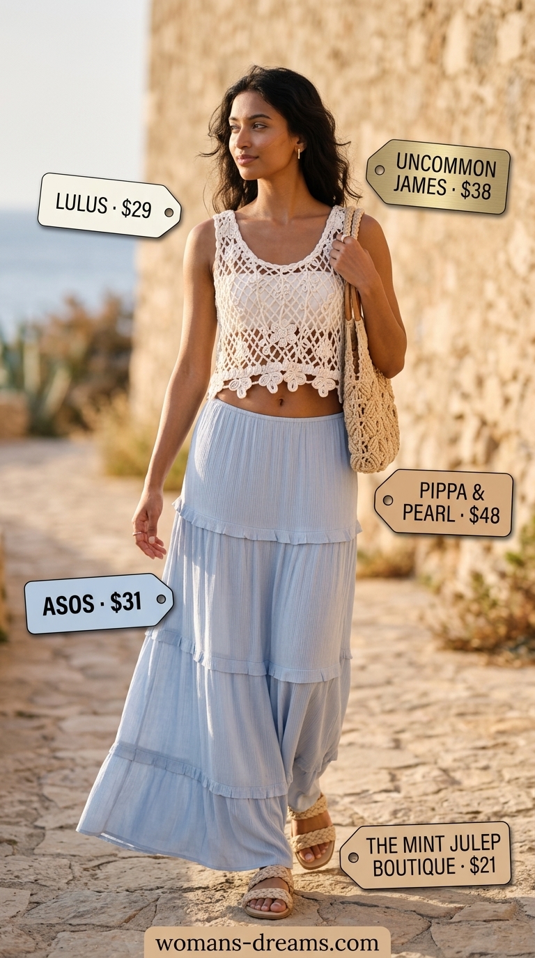 Coastal brunch outfit with white crochet crop top, sky blue maxi skirt, and straw bag. Crochet summer crop top outfits 2026.