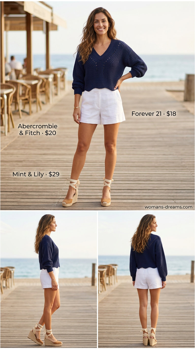 Navy crochet summer crop top outfits 2026 with tailored shorts for coastal evenings.
