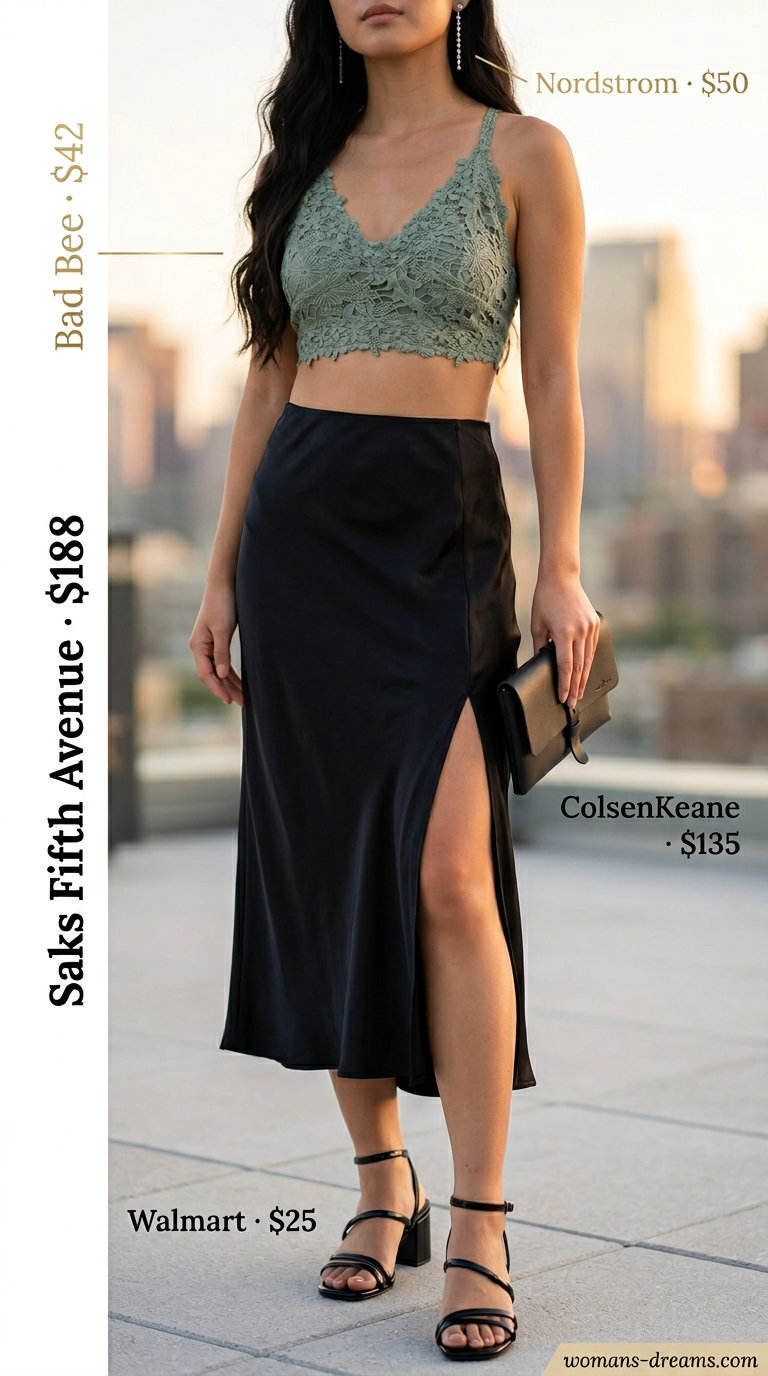 Emerald green crochet summer crop top outfits 2026 with satin skirt for date night.