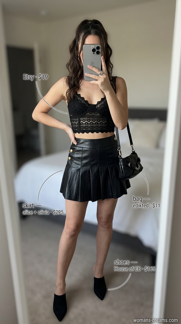 Edgy black crochet bralette crop top with faux leather mini skirt for a night out 2026.