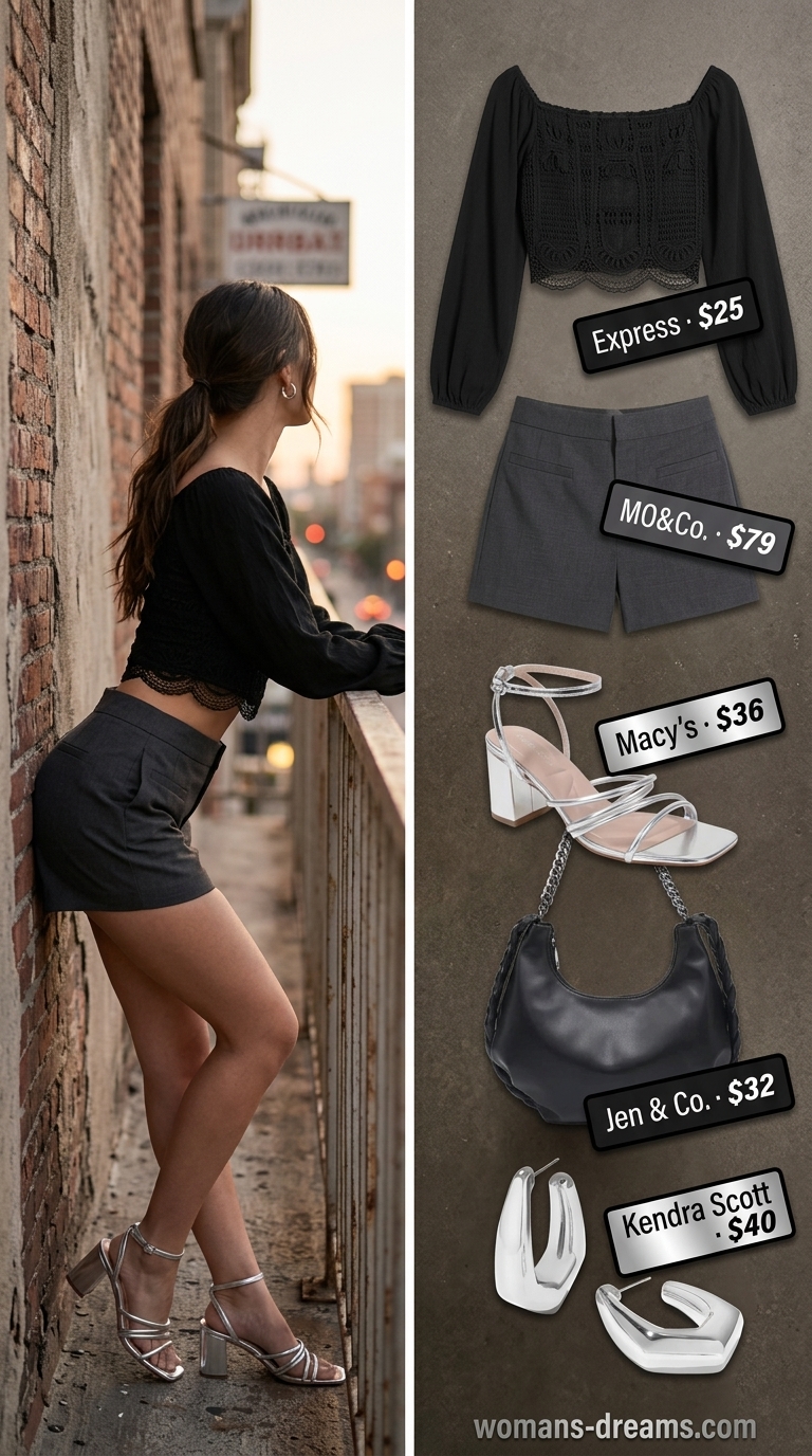 Edgy urban summer nights outfit with black long-sleeve crochet top and silver heels. Crochet summer crop top outfits 2026.