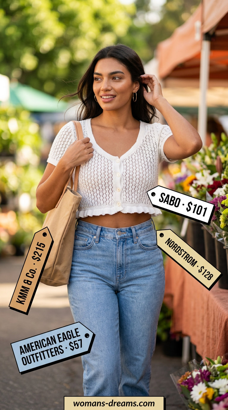 White crochet summer crop top outfits 2026 with denim jeans for a farmers market look.
