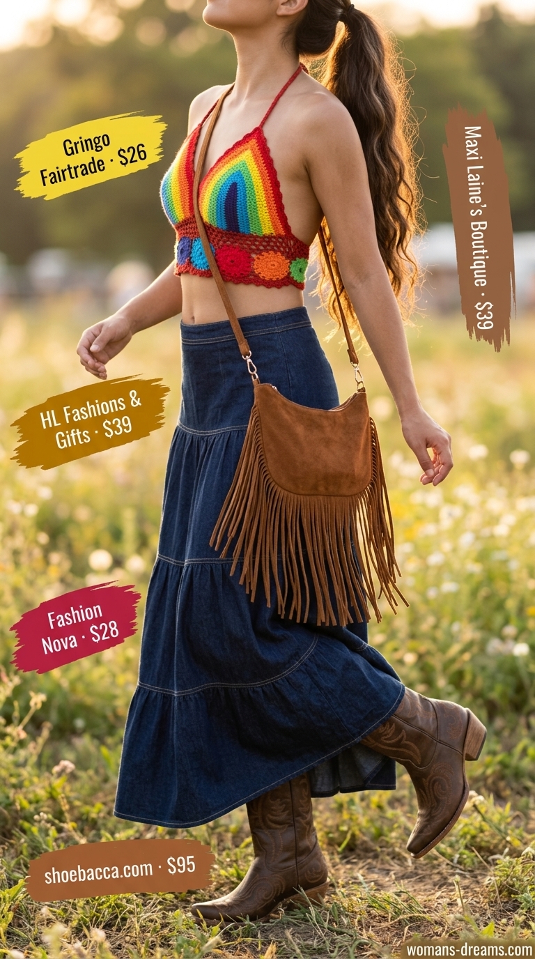 Festival outfit with striped crochet crop top, denim skirt, and cowboy boots. Crochet summer crop top outfits 2026.