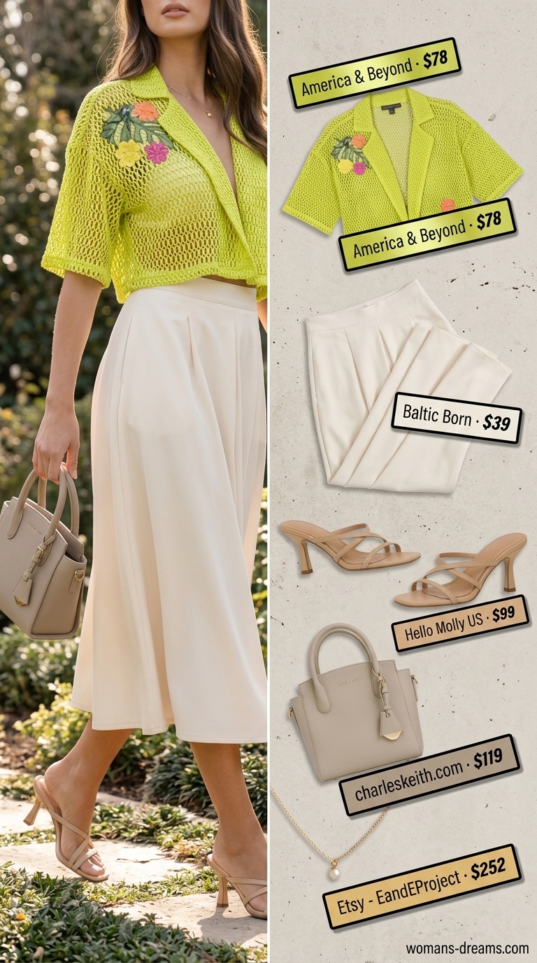 Romantic peach crochet crop top with a flowy cream midi skirt for garden brunch glam 2026.