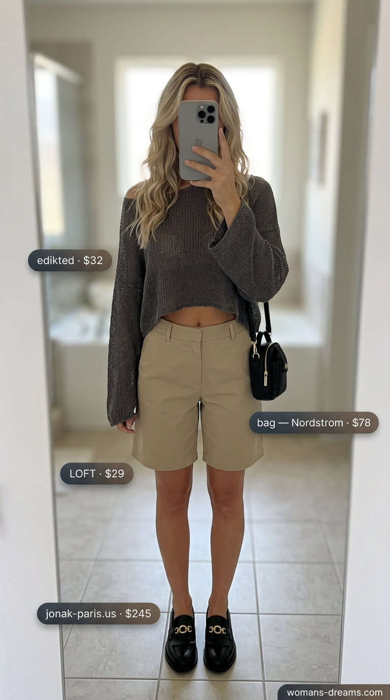 Chic charcoal grey crochet crop top with khaki Bermuda shorts for a minimalist work day or brunch outfit 2026.