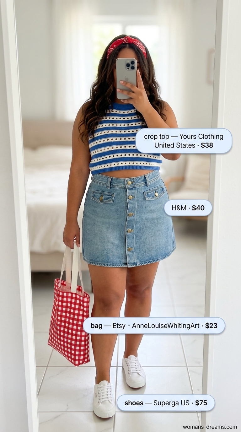 Playful navy and white striped crochet crop top with denim mini skirt for park picnic fun 2026.