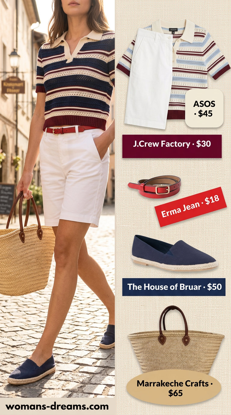 Playful preppy picnic outfit with navy striped crochet crop top and white shorts. Crochet summer crop top outfits 2026.