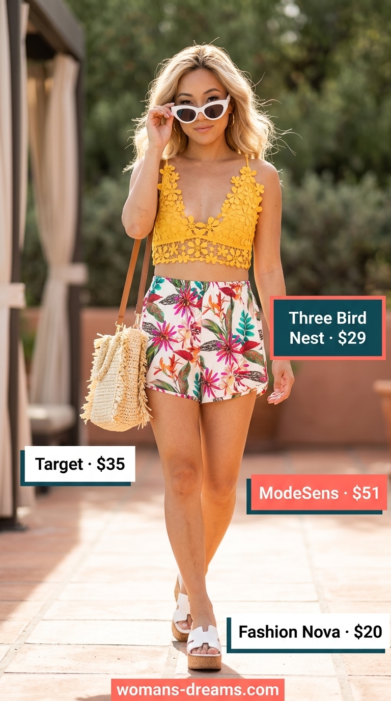 Retro poolside party outfit with yellow crochet crop top and floral shorts. Crochet summer crop top outfits 2026.