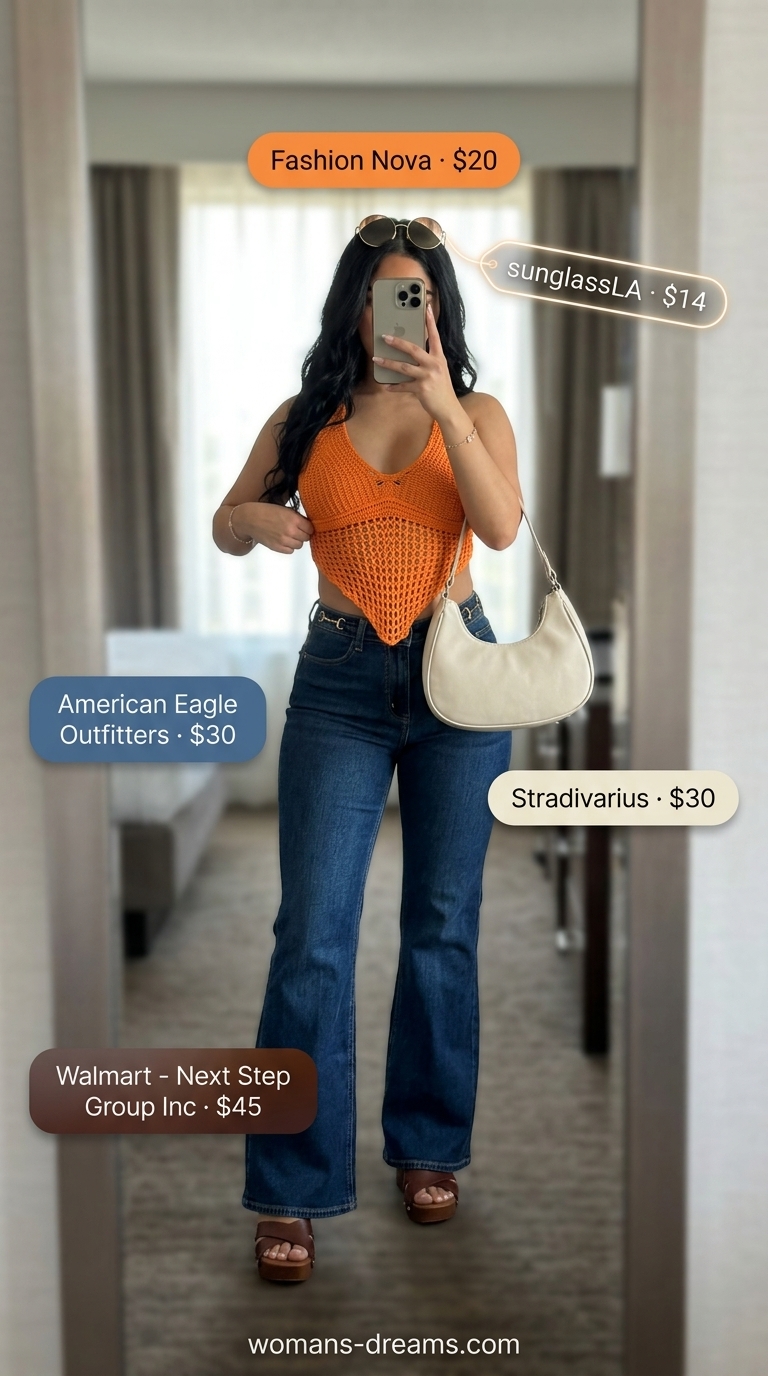 Vibrant orange halter crochet crop top with dark wash flare jeans for a retro summer pop look 2026.