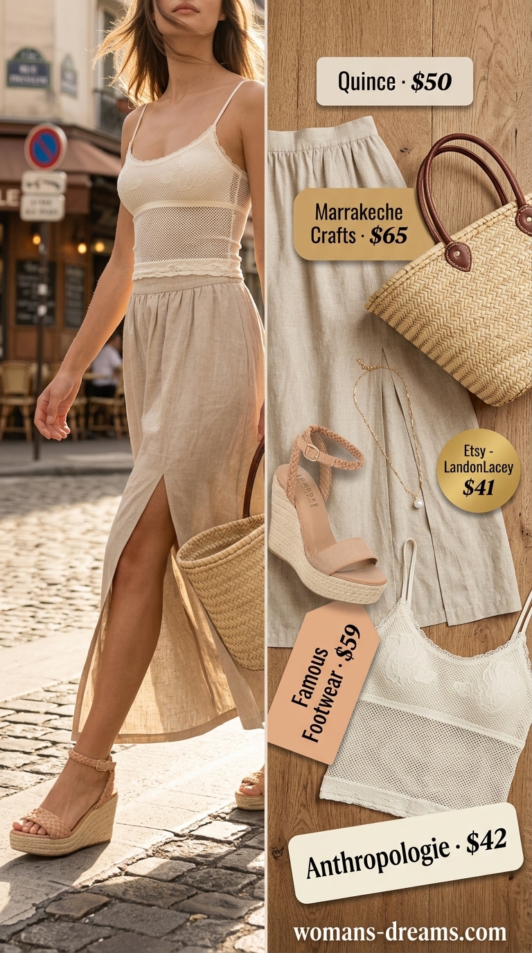 White crochet summer crop top outfits 2026 with linen skirt for seaside brunch.