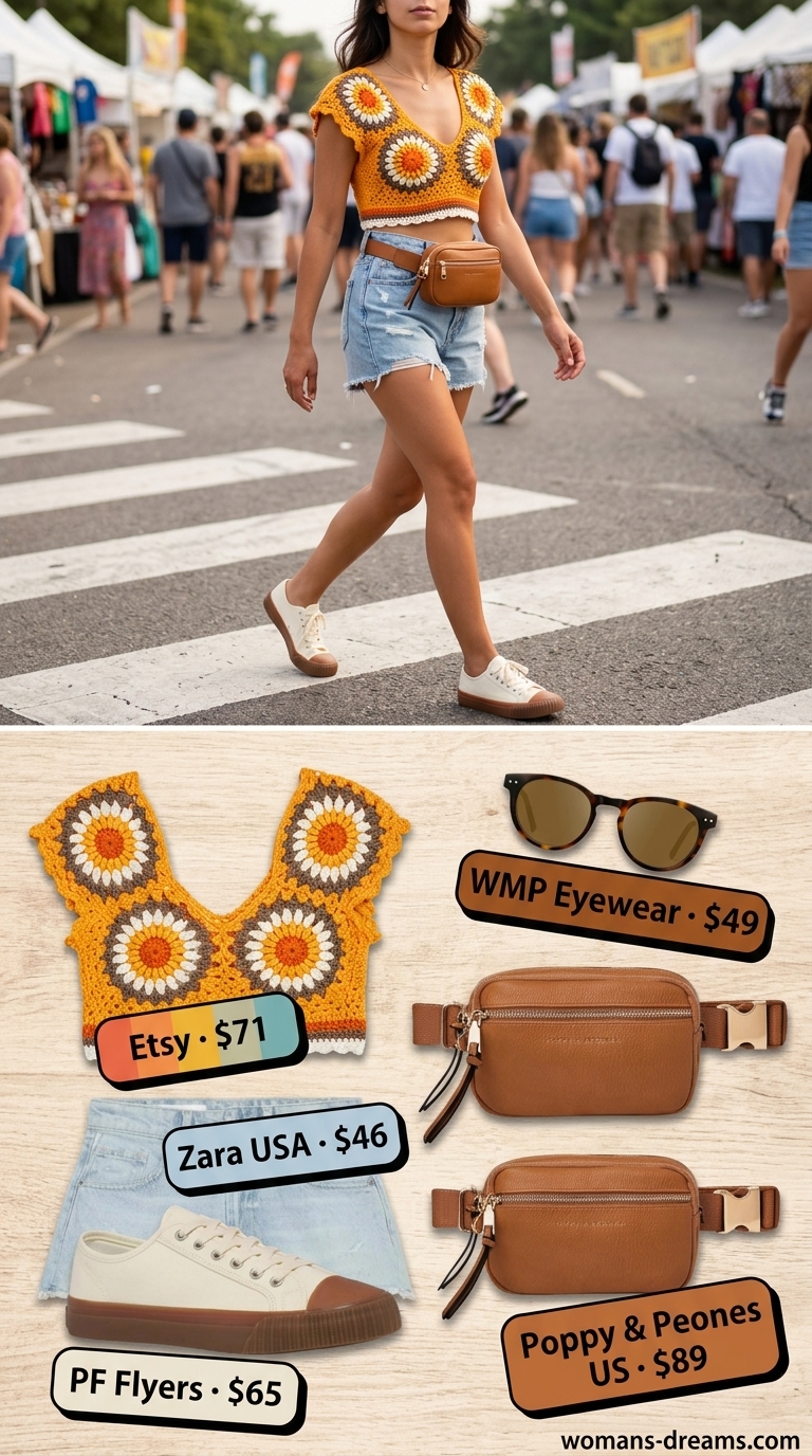 Energetic multi-color granny square crochet crop top with distressed denim shorts for sunset festival 2026.