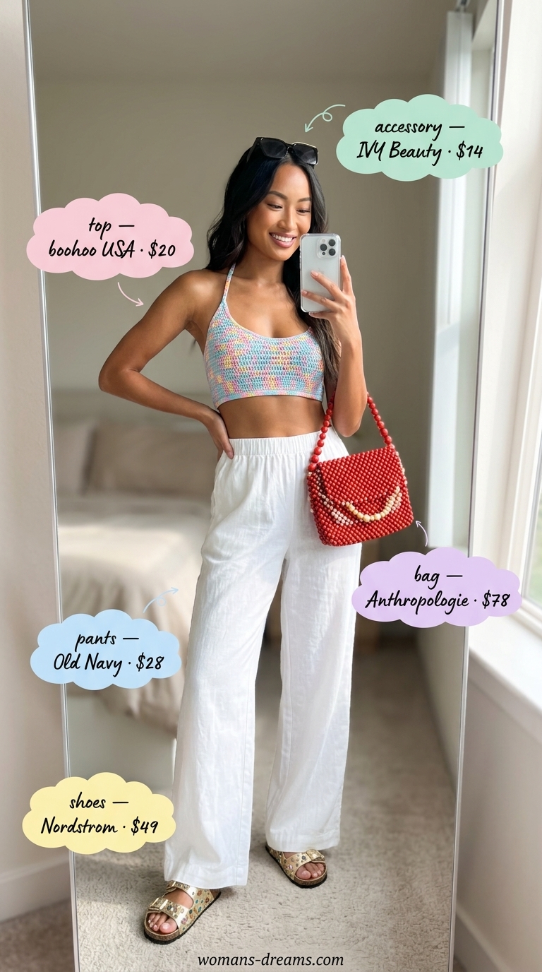 Rainbow crochet summer crop top outfits 2026 with white palazzo pants for a tropical vacation look.