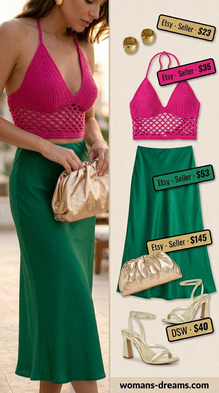 Tropical resort evening outfit with fuchsia crochet crop top and satin skirt. Crochet summer crop top outfits 2026.