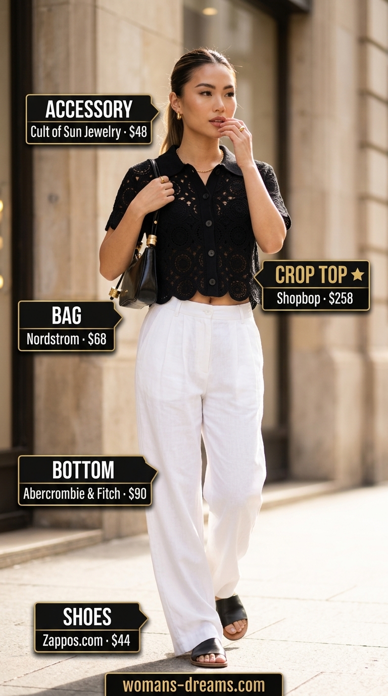Black crochet summer crop top outfits 2026 with white trousers for sophisticated city style.
